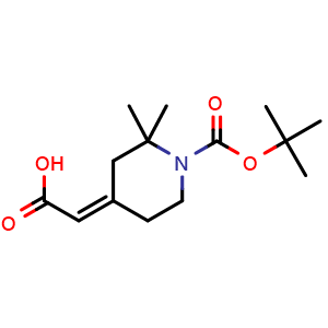 Chemical structure of (2Z)-2-(1-tert-butoxycarbonyl-2,2-dimethyl-4-piperidylidene)acetic acid , CAS 2163945-62-6, AChemBlock T91000