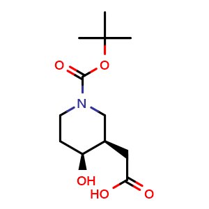 Chemical structure of rel-2-[(3R,4S)-1-tert-butoxycarbonyl-4-hydroxy-3-piperidyl]acetic acid , CAS 1903838-64-1, AChemBlock T91012