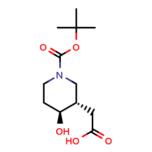 Chemical structure of rel-2-[(3S,4S)-1-tert-butoxycarbonyl-4-hydroxy-3-piperidyl]acetic acid , CAS 1903423-99-3, AChemBlock T91013