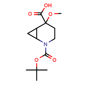 Chemical structure of 2-tert-butoxycarbonyl-5-methoxy-2-azabicyclo[4.1.0]heptane-5-carboxylic acid , CAS 2387598-14-1, AChemBlock T91016