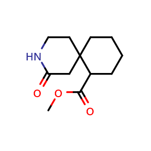 Chemical structure of methyl 4-oxo-3-azaspiro[5.5]undecane-11-carboxylate , CAS 2411637-40-4, AChemBlock T91035