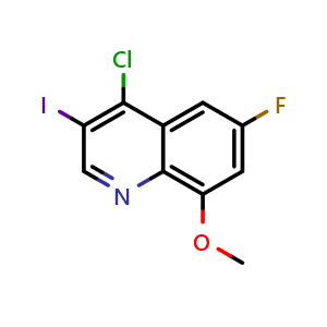 Chemical structure of 4-Chloro-6-fluoro-3-iodo-8-methoxyquinoline , CAS 1602310-93-9, AChemBlock T91040
