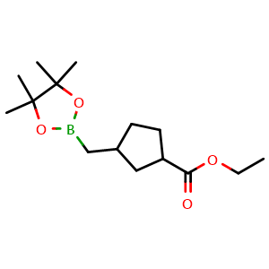 Chemical structure of ethyl 3-[(4,4,5,5-tetramethyl-1,3,2-dioxaborolan-2-yl)methyl]cyclopentanecarboxylate , CAS 2365173-89-1, AChemBlock T91045