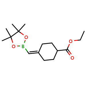Chemical structure of ethyl 4-[(4,4,5,5-tetramethyl-1,3,2-dioxaborolan-2-yl)methylene]cyclohexanecarboxylate , CAS 2365173-46-0, AChemBlock T91046