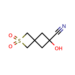 Chemical structure of 6-hydroxy-2,2-dioxo-2-thiaspiro[3.3]heptane-6-carbonitrile , CAS 2302173-62-0, AChemBlock T91057