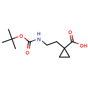 Chemical structure of 1-[2-(tert-butoxycarbonylamino)ethyl]cyclopropanecarboxylic acid , CAS 1780876-37-0, AChemBlock T91062