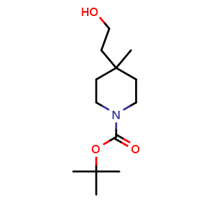 Chemical structure of tert-butyl 4-(2-hydroxyethyl)-4-methyl-piperidine-1-carboxylate , CAS 236406-33-0, AChemBlock T91084