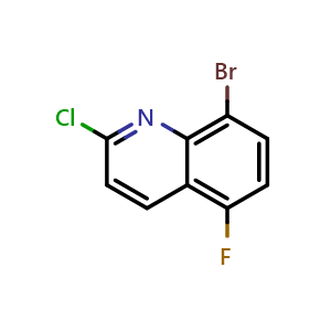 Chemical structure of 8-bromo-2-chloro-5-fluoroquinoline , CAS 1432323-01-7, AChemBlock T91110