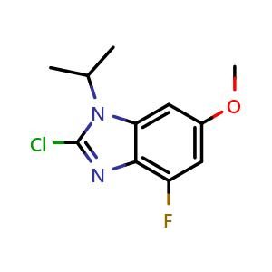 Chemical structure of 2-chloro-4-fluoro-1-isopropyl-6-methoxy-1H-benzo[d]imidazole , CAS 2411639-41-1, AChemBlock T91164