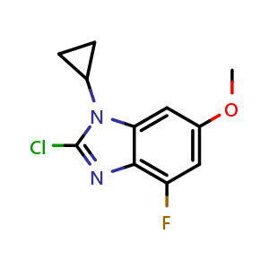 Chemical structure of 2-chloro-1-cyclopropyl-4-fluoro-6-methoxy-1H-benzo[d]imidazole , CAS 2411637-15-3, AChemBlock T91165