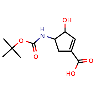 Chemical structure of 4-(tert-butoxycarbonylamino)-3-hydroxy-cyclopentene-1-carboxylic acid , CAS 1824215-02-2, AChemBlock T91186