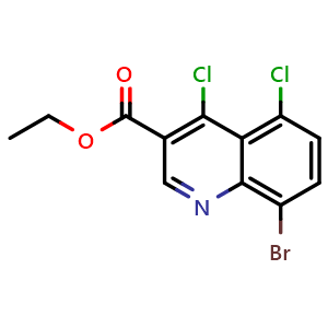 Chemical structure of ethyl 8-bromo-4,5-dichloroquinoline-3-carboxylate , CAS 1518847-77-2, AChemBlock T91218