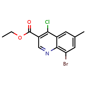 Chemical structure of ethyl 8-bromo-4-chloro-6-methylquinoline-3-carboxylate , CAS 1016828-40-2, AChemBlock T91243