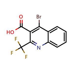 Chemical structure of 4-bromo-2-(trifluoromethyl)quinoline-3-carboxylic acid , CAS 587886-11-1, AChemBlock T91270