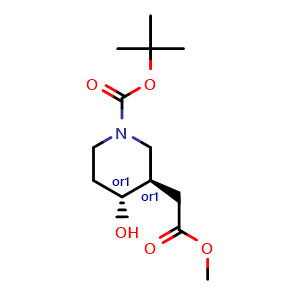 Chemical structure of tert-butyl rel-(3S,4S)-4-hydroxy-3-(2-methoxy-2-oxo-ethyl)piperidine-1-carboxylate , CAS 1903986-65-1, AChemBlock T91283