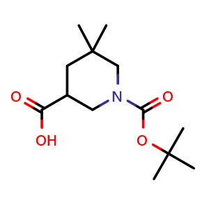 Chemical structure of 1-tert-butoxycarbonyl-5,5-dimethyl-piperidine-3-carboxylic acid , CAS 1781347-99-6, AChemBlock T91289