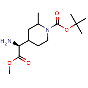 Chemical structure of tert-butyl 4-[(1S)-1-amino-2-methoxy-2-oxo-ethyl]-2-methyl-piperidine-1-carboxylate , CAS 2387585-39-7, AChemBlock T91313
