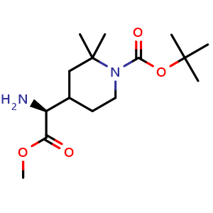 Chemical structure of tert-butyl 4-[(1S)-1-amino-2-methoxy-2-oxo-ethyl]-2,2-dimethyl-piperidine-1-carboxylate , CAS 2387585-45-5, AChemBlock T91315