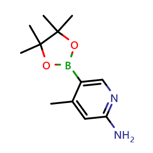 Chemical structure of 4-methyl-5-(4,4,5,5-tetramethyl-1,3,2-dioxaborolan-2-yl)pyridin-2-amine , CAS 1220219-94-2, AChemBlock T91333