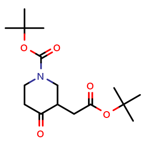Chemical structure of tert-butyl 3-(2-tert-butoxy-2-oxo-ethyl)-4-oxo-piperidine-1-carboxylate , CAS 1010814-94-4, AChemBlock T91336