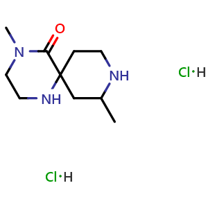 Chemical structure of 4,10-dimethyl-1,4,9-triazaspiro[5.5]undecan-5-one dihydrochloride , CAS 2387594-74-1, AChemBlock T91343