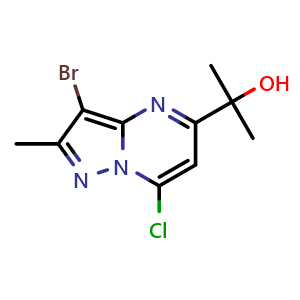 Chemical structure of 2-(3-bromo-7-chloro-2-methyl-pyrazolo[1,5-a]pyrimidin-5-yl)propan-2-ol , CAS 2387601-51-4, AChemBlock T91345