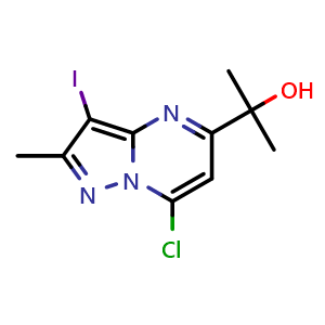Chemical structure of 2-(7-chloro-3-iodo-2-methyl-pyrazolo[1,5-a]pyrimidin-5-yl)propan-2-ol , CAS 2387599-28-0, AChemBlock T91346