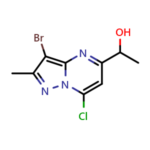 Chemical structure of 1-(3-bromo-7-chloro-2-methyl-pyrazolo[1,5-a]pyrimidin-5-yl)ethanol , CAS 2387600-24-8, AChemBlock T91347