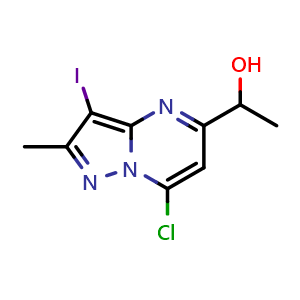 Chemical structure of 1-(7-chloro-3-iodo-2-methyl-pyrazolo[1,5-a]pyrimidin-5-yl)ethanol , CAS 2387601-58-1, AChemBlock T91348