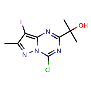 Chemical structure of 2-(4-chloro-8-iodo-7-methyl-pyrazolo[1,5-a][1,3,5]triazin-2-yl)propan-2-ol , CAS 2387601-68-3, AChemBlock T91349
