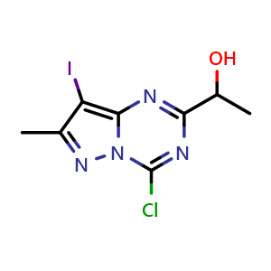 Chemical structure of 1-(4-chloro-8-iodo-7-methyl-pyrazolo[1,5-a][1,3,5]triazin-2-yl)ethanol , CAS 2387597-82-0, AChemBlock T91351