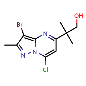 Chemical structure of 2-(3-bromo-7-chloro-2-methyl-pyrazolo[1,5-a]pyrimidin-5-yl)-2-methyl-propan-1-ol , CAS 2387597-78-4, AChemBlock T91352
