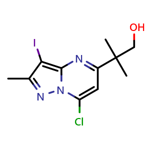 Chemical structure of 2-(7-chloro-3-iodo-2-methyl-pyrazolo[1,5-a]pyrimidin-5-yl)-2-methyl-propan-1-ol , CAS 2387600-30-6, AChemBlock T91353