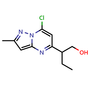 Chemical structure of 2-(7-chloro-2-methyl-pyrazolo[1,5-a]pyrimidin-5-yl)butan-1-ol , CAS 2387599-35-9, AChemBlock T91354