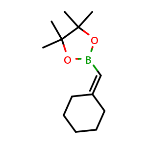 Chemical structure of 2-(cyclohexylidenemethyl)-4,4,5,5-tetramethyl-1,3,2-dioxaborolane , CAS 74213-49-3, AChemBlock T91357