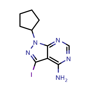 Chemical structure of 1-cyclopentyl-3-iodopyrazolo[3,4-d]pyrimidin-4-amine , CAS 330794-31-5, AChemBlock T91362