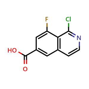 Chemical structure of 1-chloro-8-fluoroisoquinoline-6-carboxylic acid , CAS 2411634-34-7, AChemBlock T91393