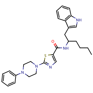 Chemical structure of N-[1-(1H-indol-3-ylmethyl)pentyl]-2-(4-phenylpiperazin-1-yl)thiazole-5-carboxamide , CAS 2241214-52-6, AChemBlock T91416
