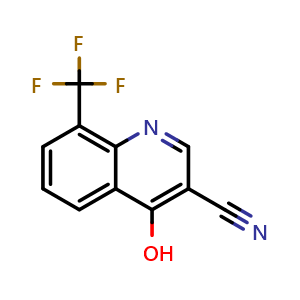 Chemical structure of 4-hydroxy-8-(trifluoromethyl)quinoline-3-carbonitrile , CAS 61338-18-9, AChemBlock T91431