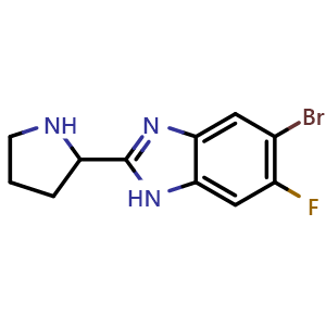 Chemical structure of 5-bromo-6-fluoro-2-(pyrrolidin-2-yl)-1H-benzo[d]imidazole , CAS 1538203-19-8, AChemBlock T91448
