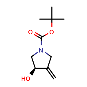 Chemical structure of tert-butyl (3R)-3-hydroxy-4-methylene-pyrrolidine-1-carboxylate , CAS 2215841-42-0, AChemBlock T91520