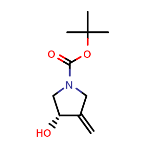 Chemical structure of tert-butyl (3S)-3-hydroxy-4-methylene-pyrrolidine-1-carboxylate , CAS 2215841-38-4, AChemBlock T91521