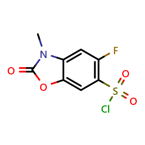 Chemical structure of 5-fluoro-3-methyl-2-oxo-1,3-benzoxazole-6-sulfonyl chloride , CAS 1368741-39-2, AChemBlock T91567