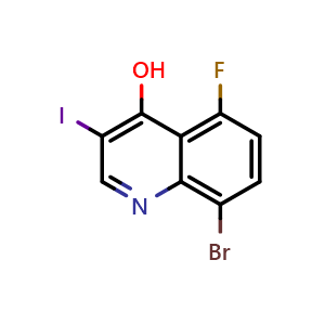 Chemical structure of 8-Bromo-5-fluoro-3-iodoquinolin-4-ol , CAS 1395493-17-0, AChemBlock T91574