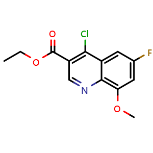 Chemical structure of ethyl 4-chloro-6-fluoro-8-methoxyquinoline-3-carboxylate , CAS 1174226-64-2, AChemBlock T91576