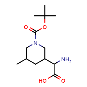 Chemical structure of 2-amino-2-(1-tert-butoxycarbonyl-5-methyl-3-piperidyl)acetic acid , CAS 2292381-04-3, AChemBlock T91595