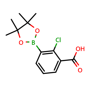 Chemical structure of 2-chloro-3-(4,4,5,5-tetramethyl-1,3,2-dioxaborolan-2-yl)benzoic acid , CAS 2096331-90-5, AChemBlock T91602