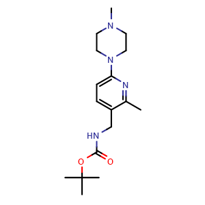 Chemical structure of tert-butyl ((2-methyl-6-(4-methylpiperazin-1-yl)pyridin-3-yl)methyl)carbamate , CAS 1355175-07-3, AChemBlock T91615