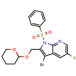 Chemical structure of 1-(benzenesulfonyl)-3-bromo-5-fluoro-2-[(oxan-2-yloxy)methyl]-1H-pyrrolo[2,3-b]pyridine , CAS 2306276-23-1, AChemBlock T91619