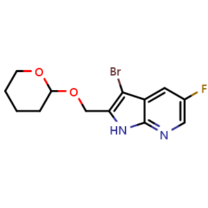 Chemical structure of 3-bromo-5-fluoro-2-[(oxan-2-yloxy)methyl]-1H-pyrrolo[2,3-b]pyridine , CAS 2306270-86-8, AChemBlock T91632